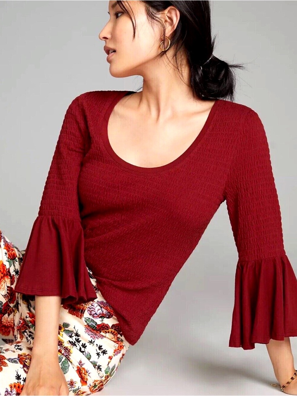 Anthropologie Smocked Scoop Neck Bell Sleeve Top in Burgundy Red •Large • EUC
